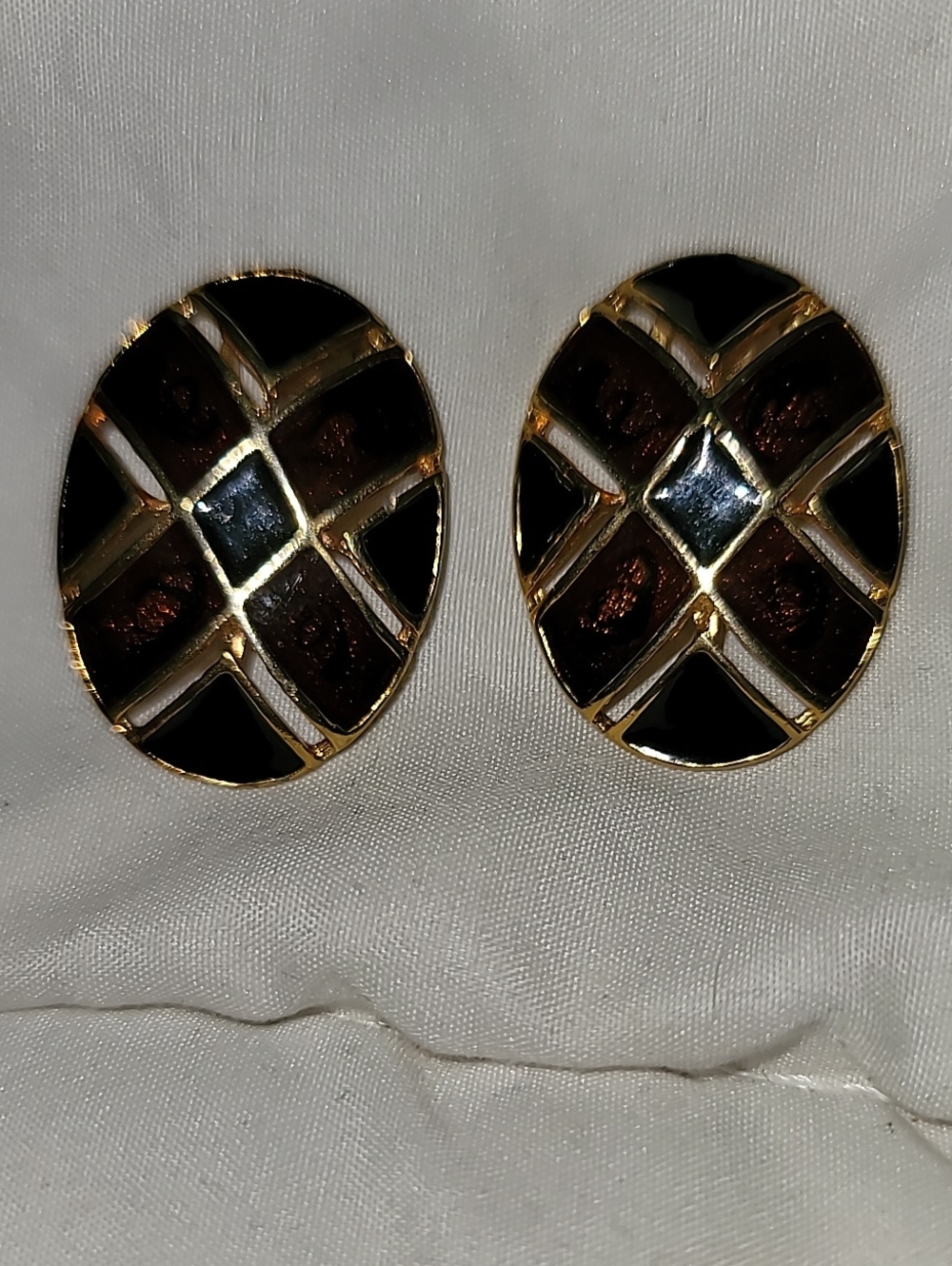 Gold-Tone Black & Dark Brown Enamel Oval Stud Earrings Clip Ons